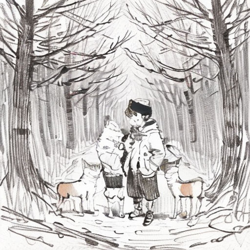 a drawing of a couple kissing in the woods with two dogs and a man in a hat and coat