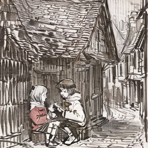 a drawing of a man and a woman sitting on a bench in front of a house with a dog
