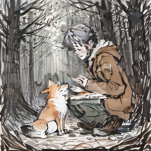 a man sitting in the woods with a dog and a laptop computer in his lap, with a forest background
