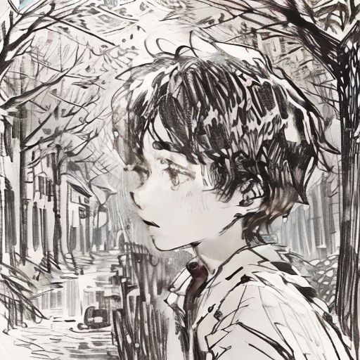 a drawing of a boy looking at a tree in the snow with a snow covered ground behind him and a building in the background