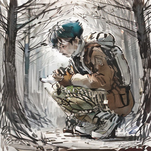 a man kneeling down in the woods with a dog in his lap and a backpack on his back, with trees in the background