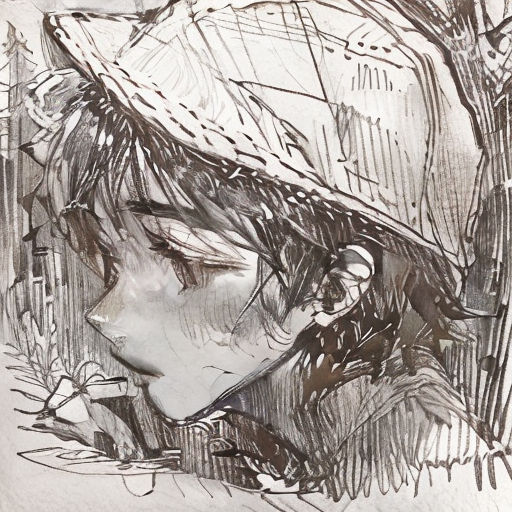 a drawing of a woman with a hat on her head and a tree in the background with leaves on it