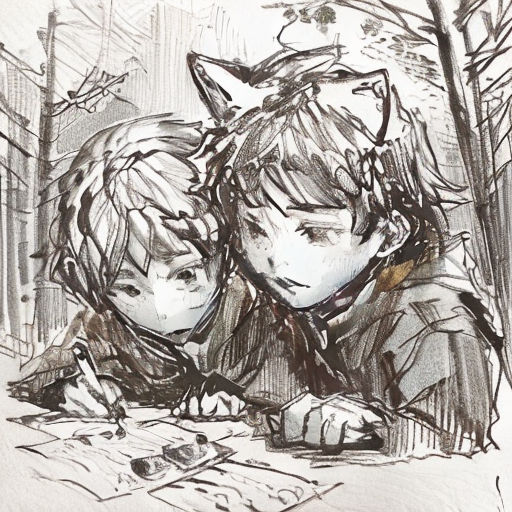 a drawing of two people looking at a book together in the woods, with a cat on their shoulder
