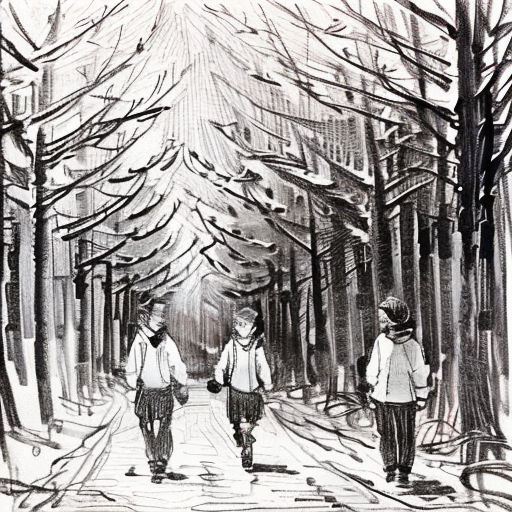 a drawing of two people walking down a snowy path in the woods with trees on either side of them