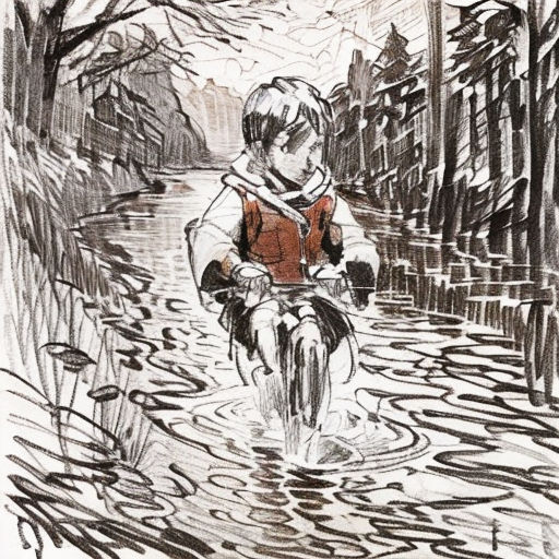 a drawing of a boy riding a bike through a river in the woods with trees and a dog on the side