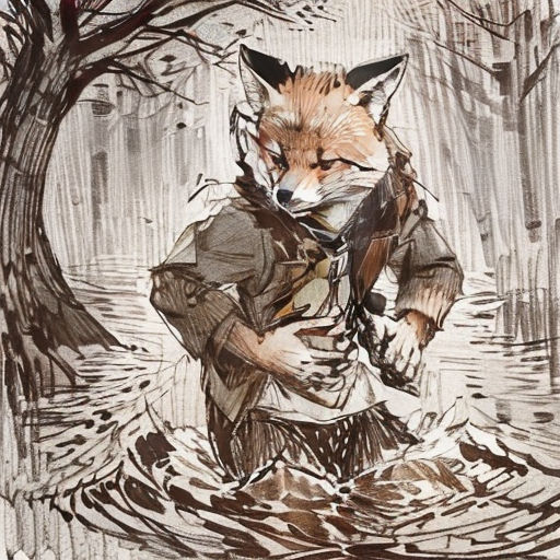 a drawing of a fox in a coat and boots in a puddle of water with a tree in the background