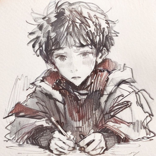 a drawing of a boy writing with a pen and paper in his hand, with a pen in his hand