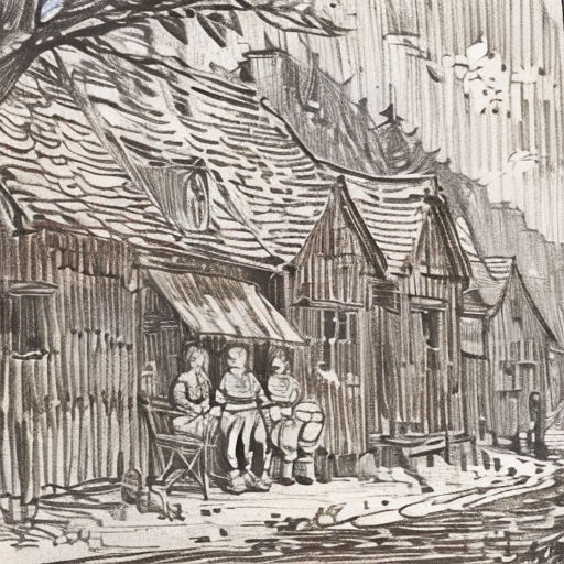 a drawing of a family sitting outside of a house in the snow with a dog and a cat on the porch