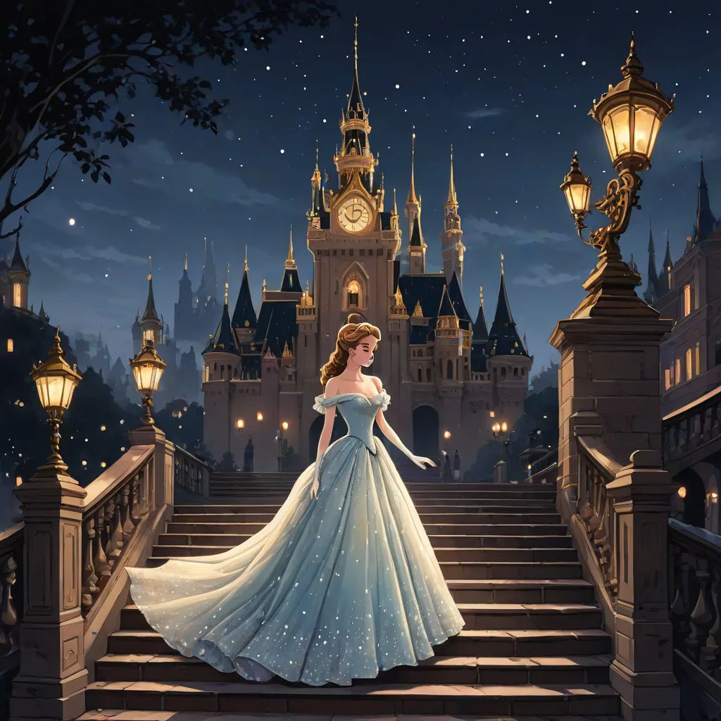 a woman in a blue dress is standing on a set of stairs in front of a castle at night, disney, magical realism, a detailed matte painting, official art