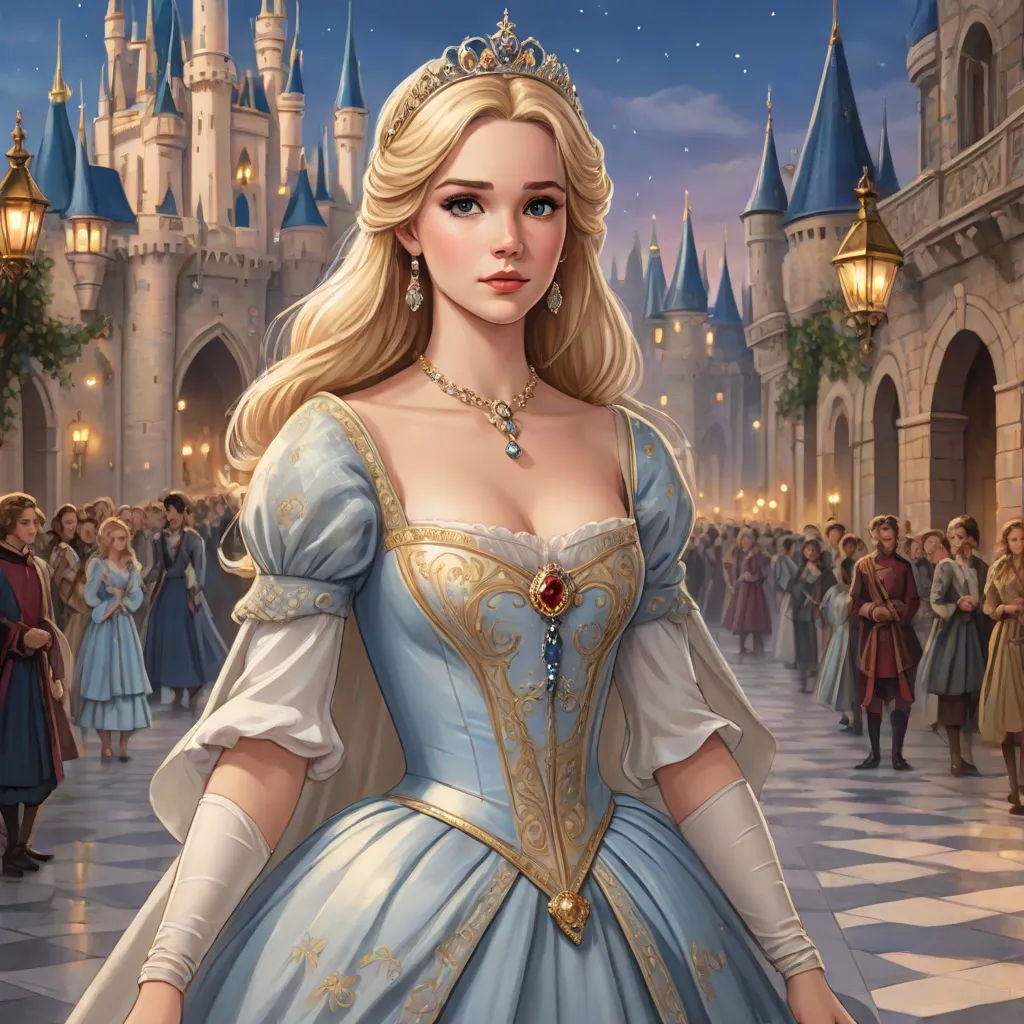 a painting of a woman in a blue dress in front of a castle with a lot of people in it, disney, fantasy art, a detailed painting, kinkade