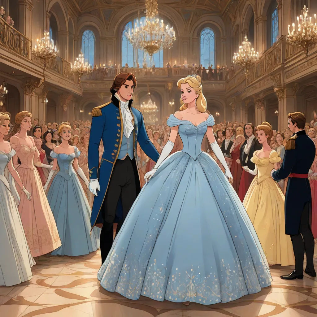 a man and woman in formal dress standing in a ballroom with a crowd of people in the background wearing fancy gowns, disney, neoclassicism, a detailed matte painting, official art