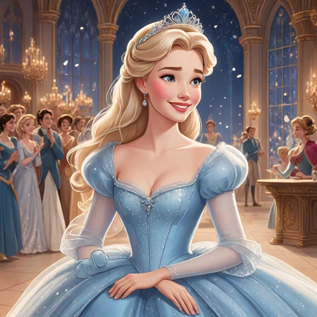 a cartoon of a princess in a blue dress with a tiara on her head and a crowd of people in the background, Constance Copeman, magical realism, a character portrait, official art