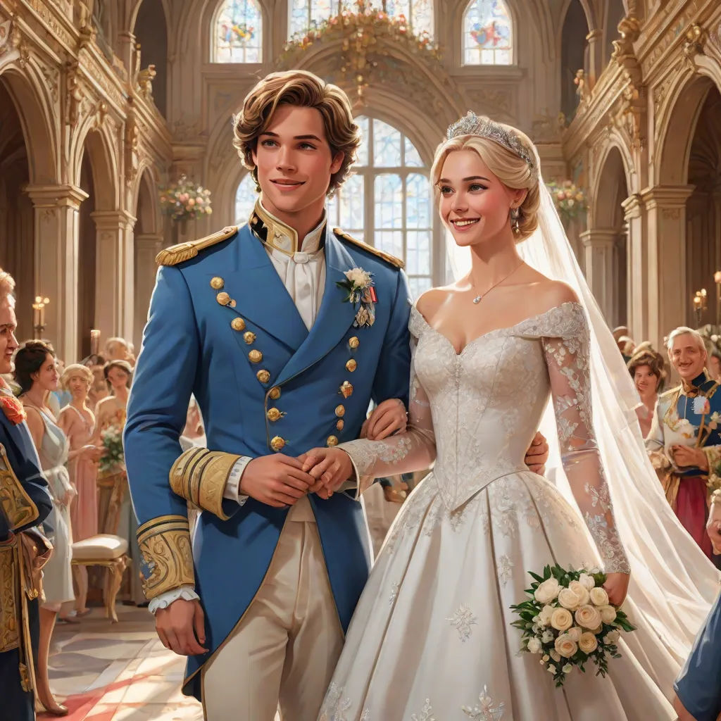 a man and woman in wedding attire standing in front of a crowd of people in a church with a man in a blue suit and woman in a white dress, Christopher Moeller, photorealism, a detailed painting, official art
