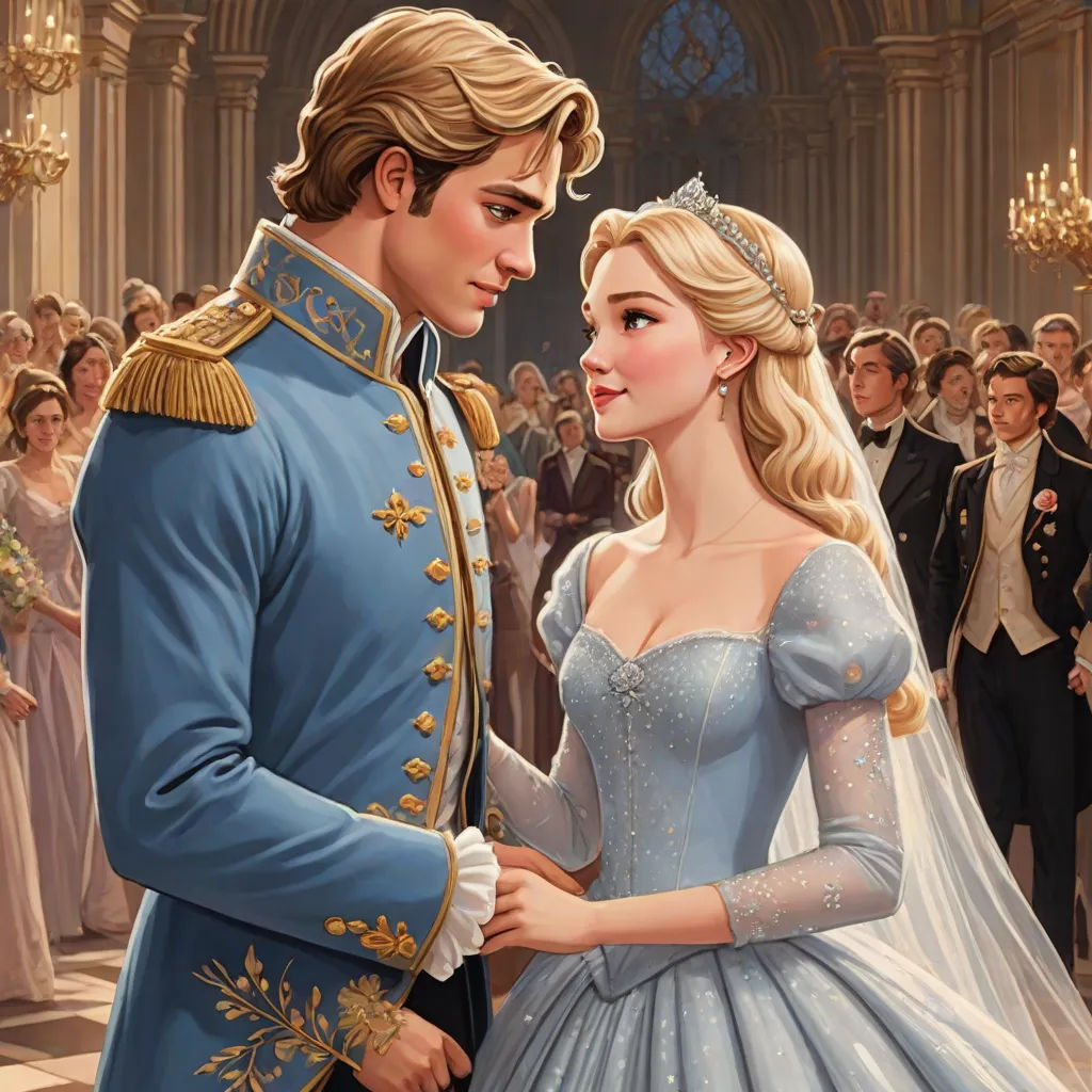 a painting of a man and woman in wedding dresses standing next to each other in front of a crowd, disney, magical realism, a storybook illustration, official art