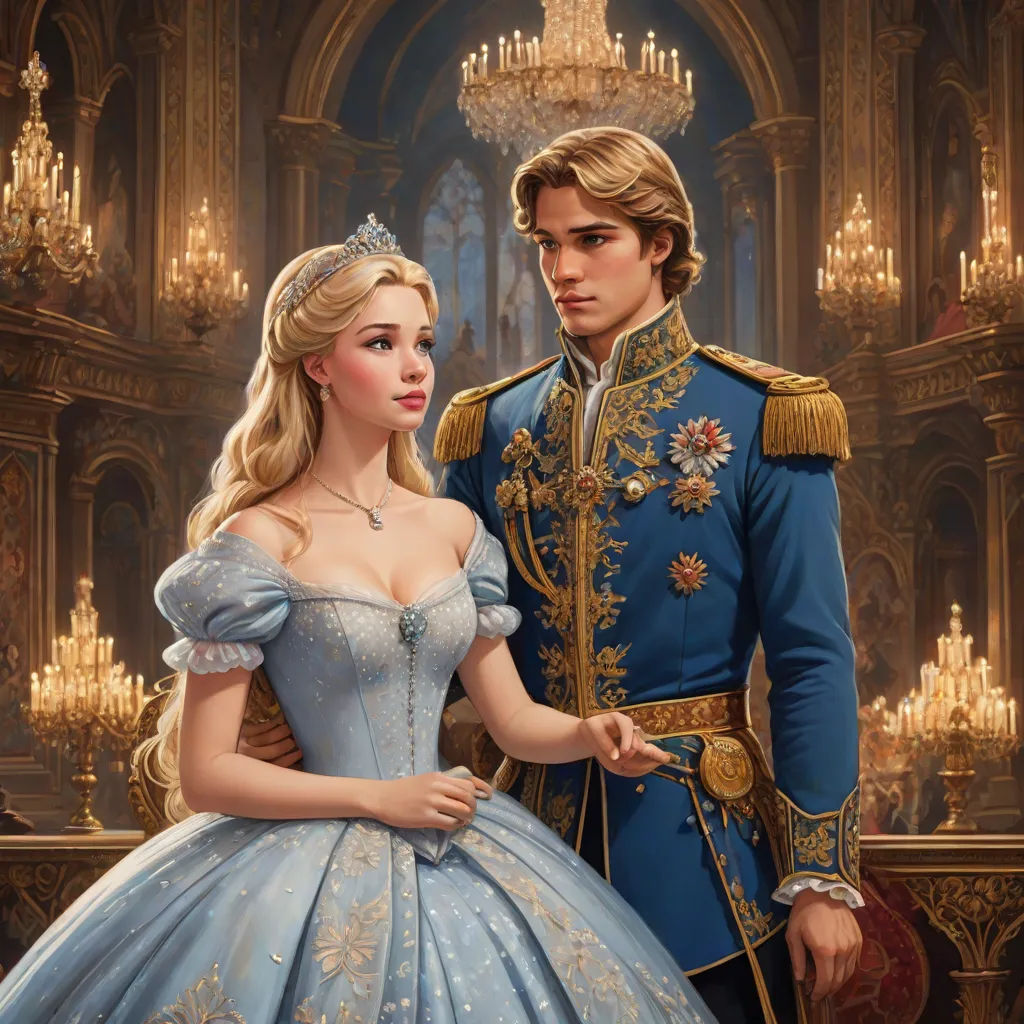 a man and a woman dressed in blue are standing in front of a chandelier in a palace, Edward George Handel Lucas, magical realism, a storybook illustration, rossdraws global illumination