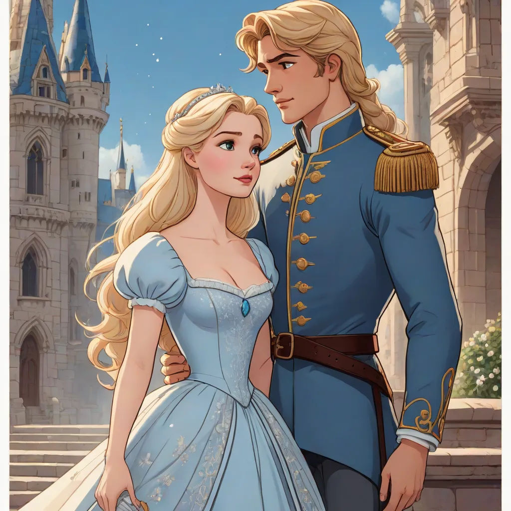 a man and a woman dressed in blue standing next to each other in front of a castle with a castle in the background, disney, fantasy art, a storybook illustration, official art