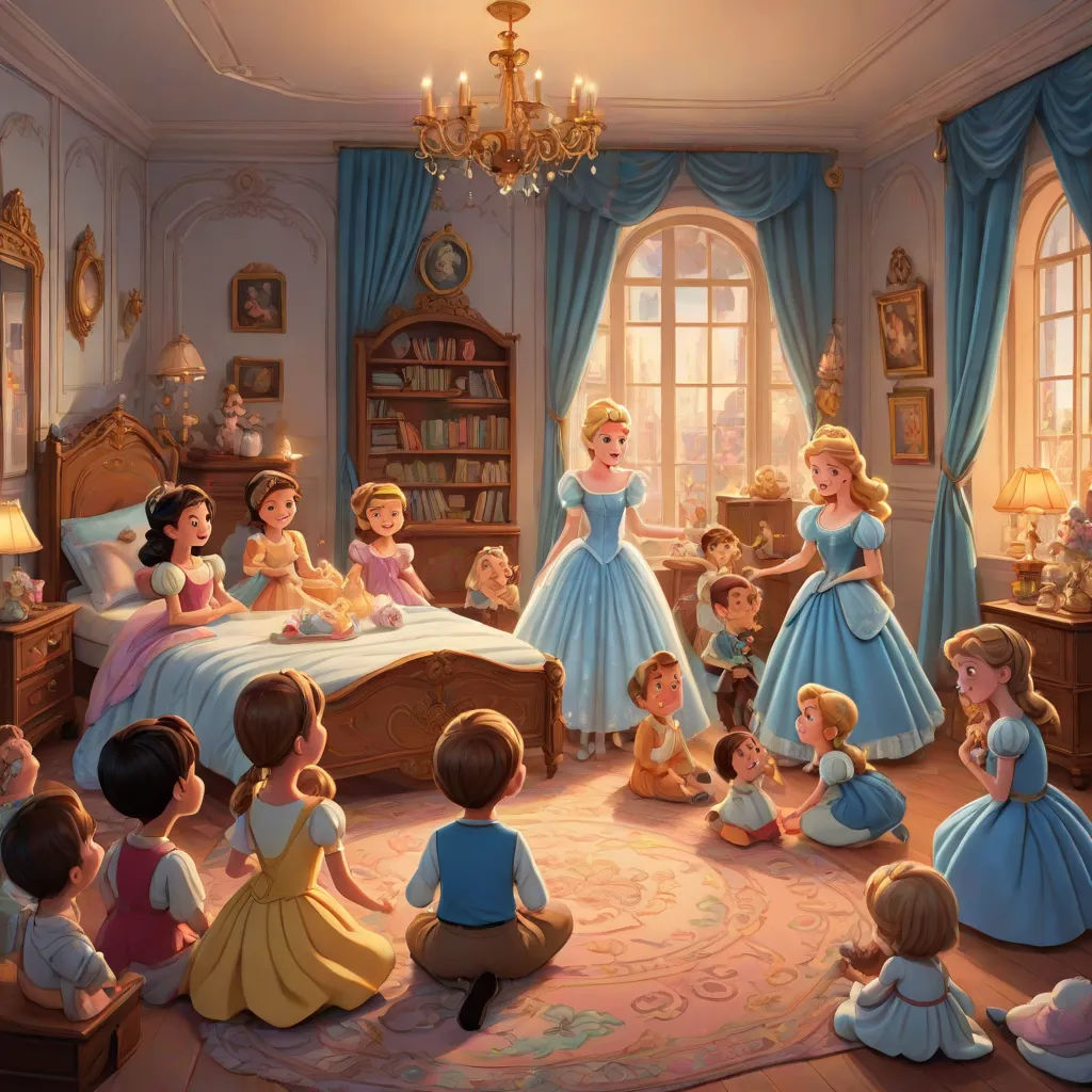 a painting of a princess bedroom with many children around the bed and a woman in a blue dress talking to them, disney, magical realism, a storybook illustration, storybook illustration