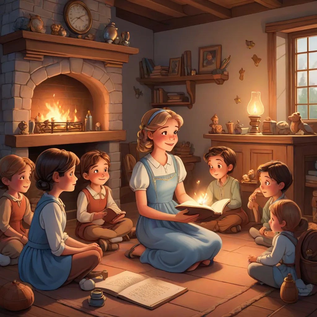 a group of children sitting around a fire place reading books to a woman in a blue dress and a man in a white shirt, Brothers Hildebrandt, fantasy art, a storybook illustration, storybook illustration