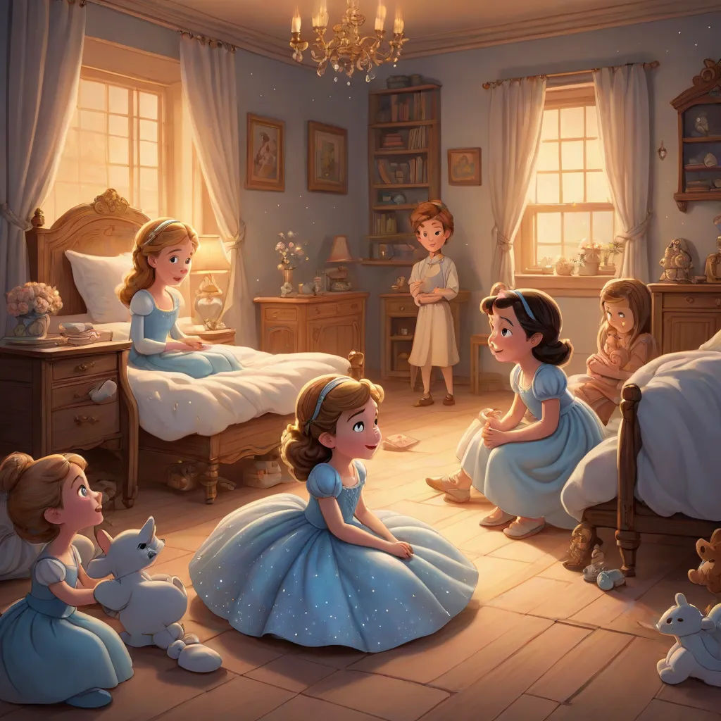 a painting of a little girl in a blue dress sitting on a bed with other children in a bedroom, disney, magic realism, a storybook illustration, official art
