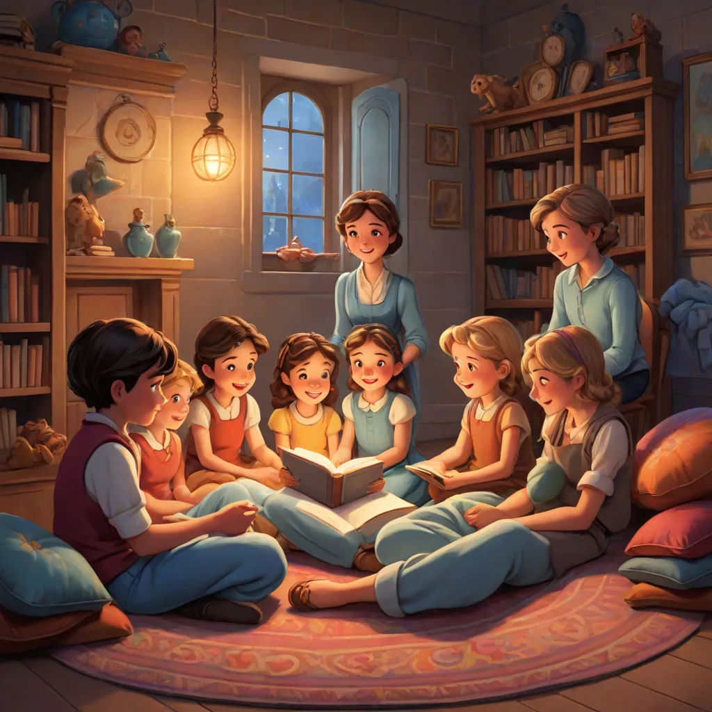 a group of children sitting on a rug in a room reading a book together, with a woman standing over them, Diego Gisbert Llorens, fantasy art, a storybook illustration, storybook illustration