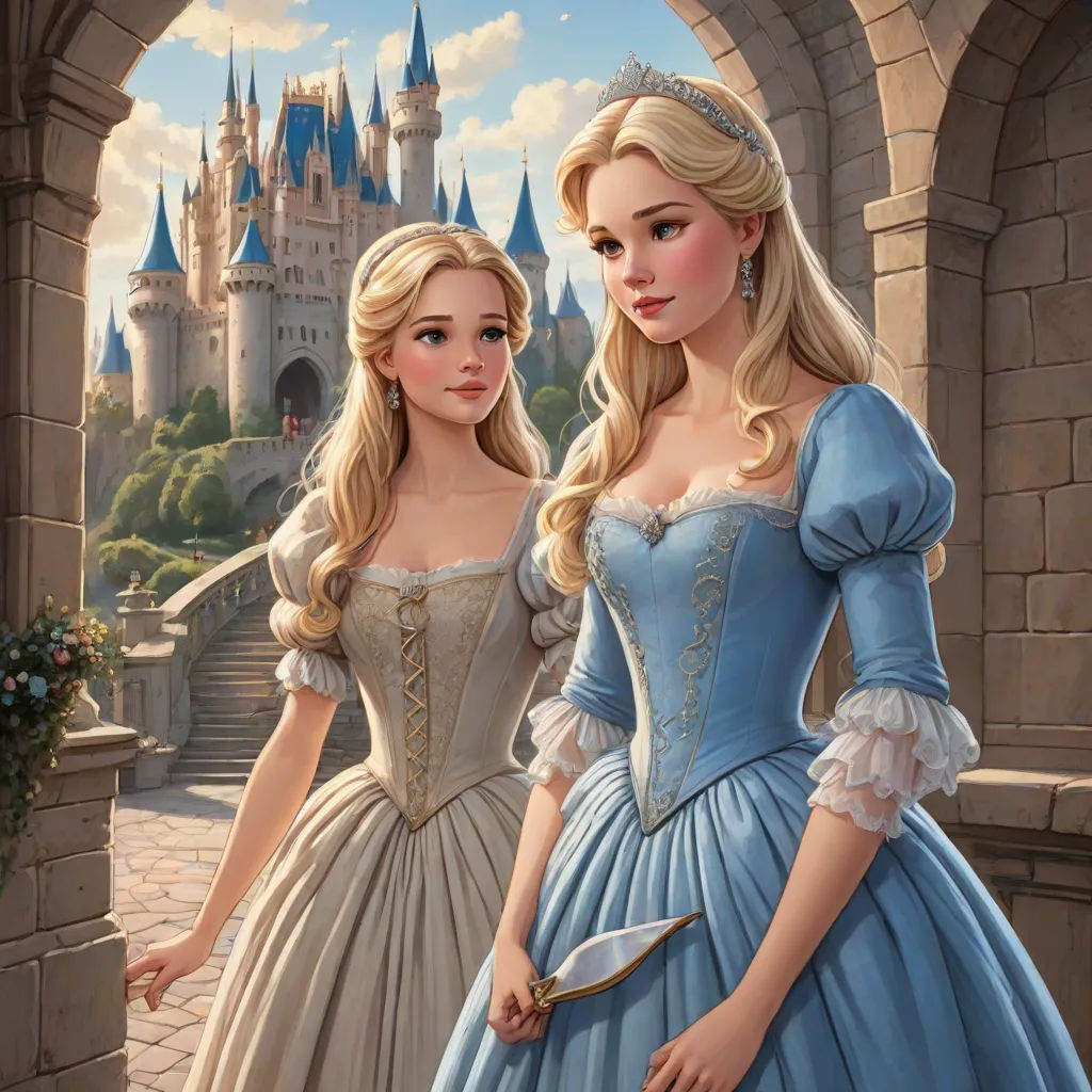 a painting of two girls in dresses standing in front of a castle with a castle in the background and a castle in the background, disney, fantasy art, a storybook illustration, rossdraws global illumination