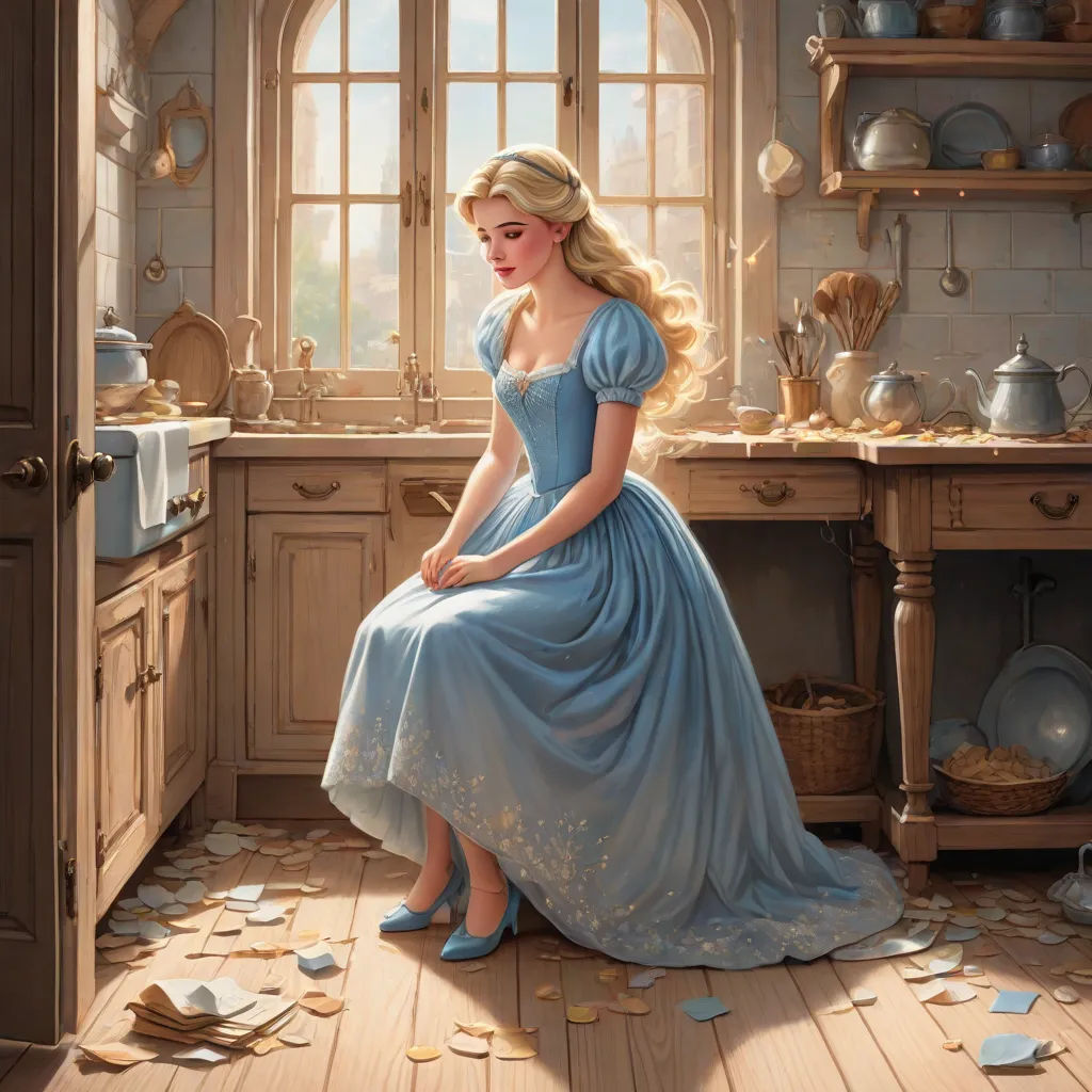 a painting of a woman in a blue dress sitting on a kitchen counter with a lot of papers scattered around her, Alice Prin, magical realism, a storybook illustration, rossdraws global illumination