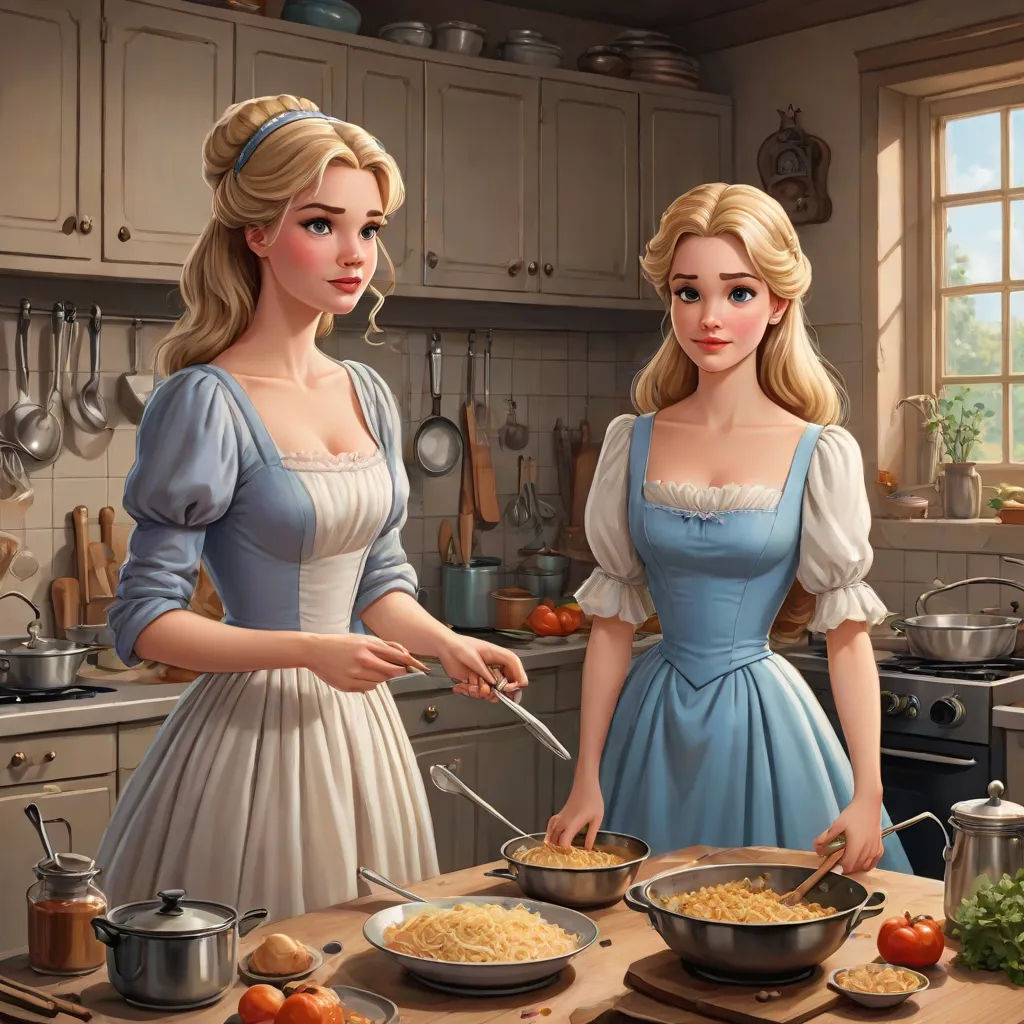 a painting of two women in a kitchen cooking food together, one of them is holding a spoon and the other is holding a bowl, disney, magic realism, a detailed matte painting, rossdraws global illumination