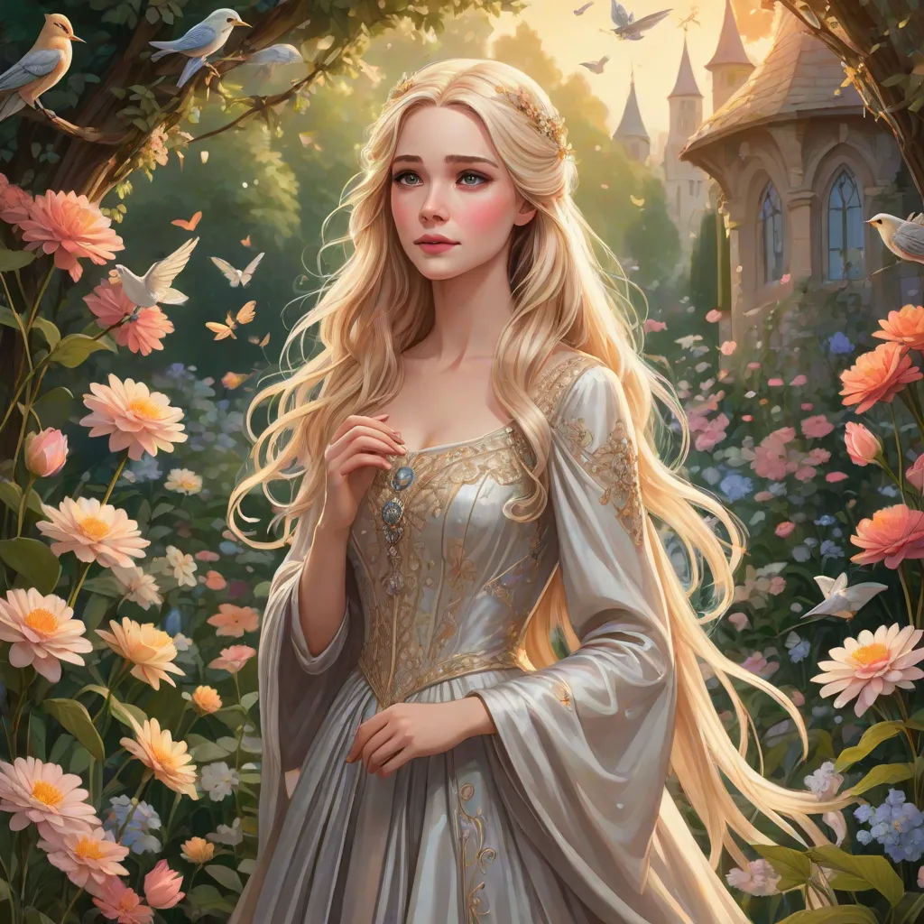 a painting of a woman in a dress in a garden with flowers and a castle in the background with a bird flying overhead, Anna Dittmann, fantasy art, a storybook illustration, rossdraws global illumination