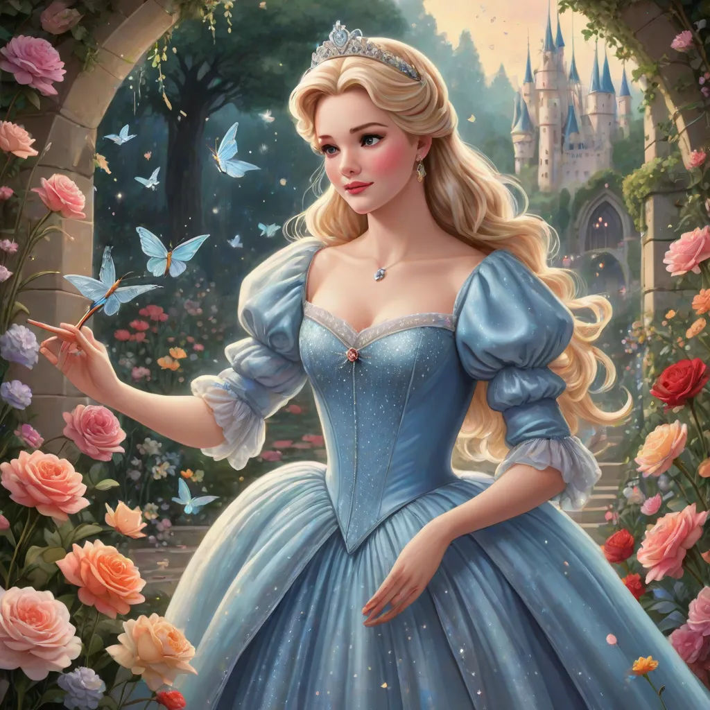 a beautiful princess in a blue dress standing in front of a rose garden with a butterfly in her hand, disney, magical realism, a storybook illustration, rossdraws global illumination