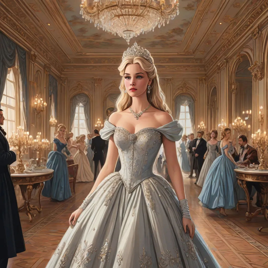 a woman in a ball gown standing in a ballroom with other people in the background wearing fancy clothing and tiaras, disney, fantasy art, a detailed painting, highly detailed digital painting
