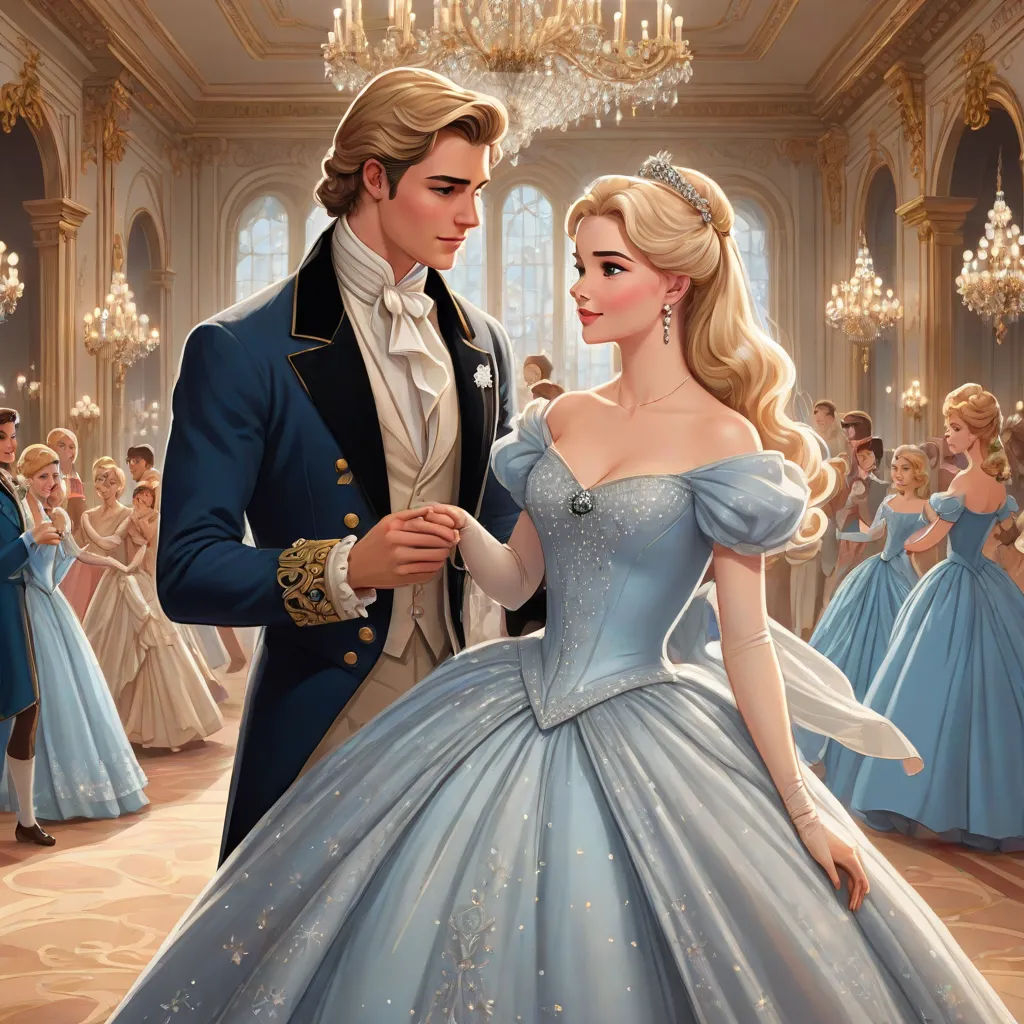 a man and woman in formal dress standing next to each other in a ballroom with chandeliers and chandeliers, disney, magical realism, a storybook illustration, official art