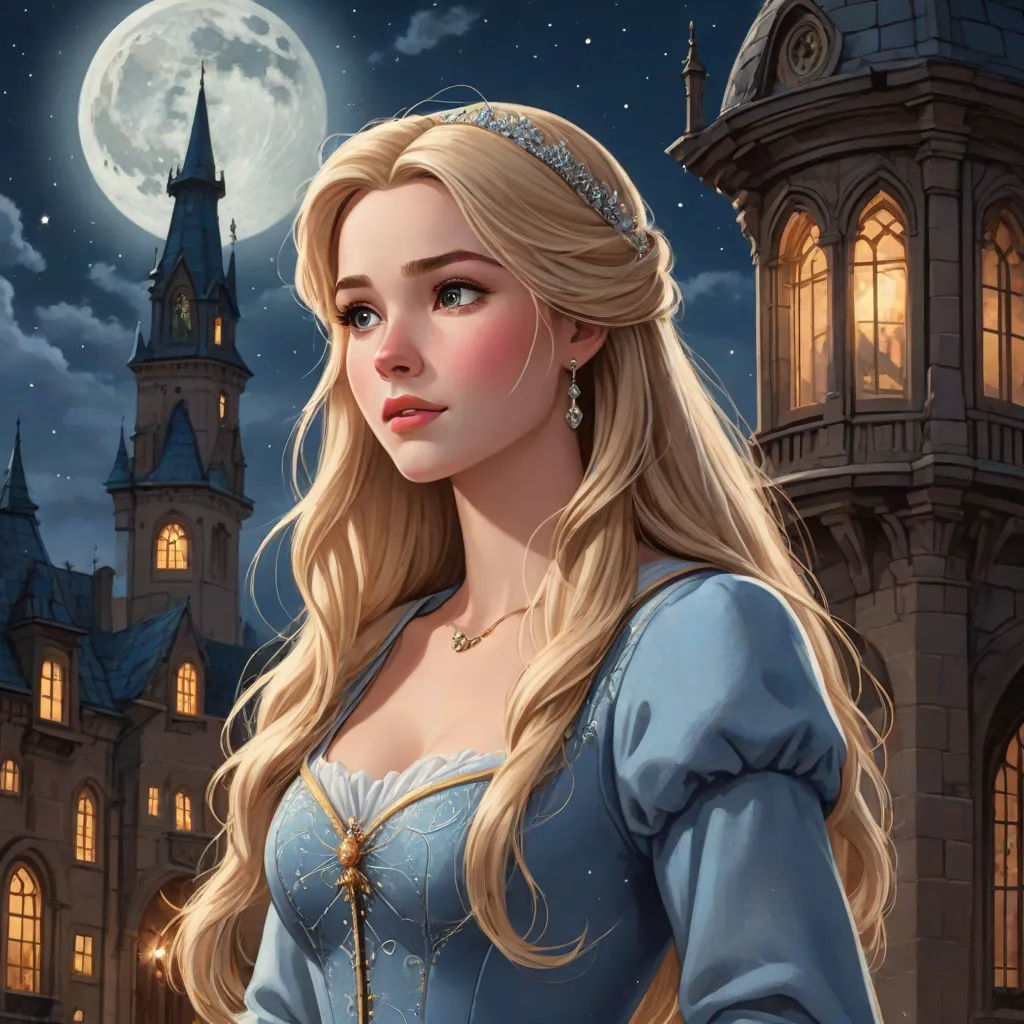 a beautiful blonde haired woman in a blue dress standing in front of a castle at night with a full moon, Charlie Bowater, fantasy art, a detailed painting, rossdraws global illumination