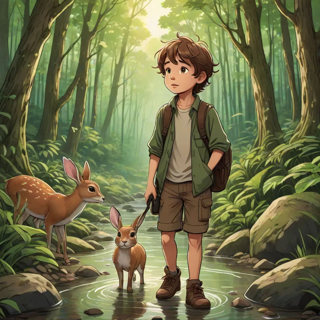 a boy and a deer in a forest with a stream in the foreground and a forest in the background, magical realism, a storybook illustration, Cliff Childs, official art