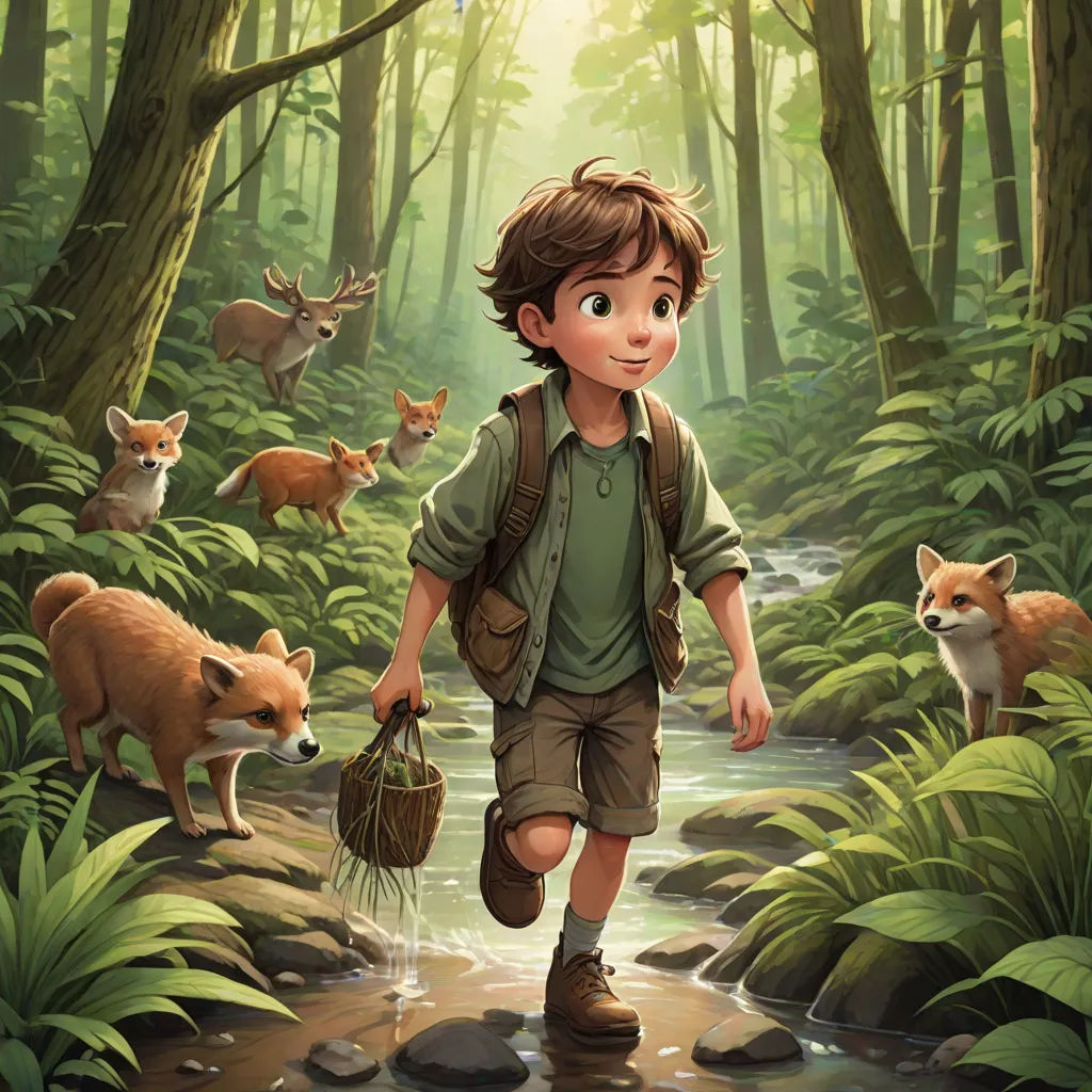 a boy walking through a forest with a basket of food in his hand and a fox in the background, fantasy art, a storybook illustration, Aaron Jasinski, official art