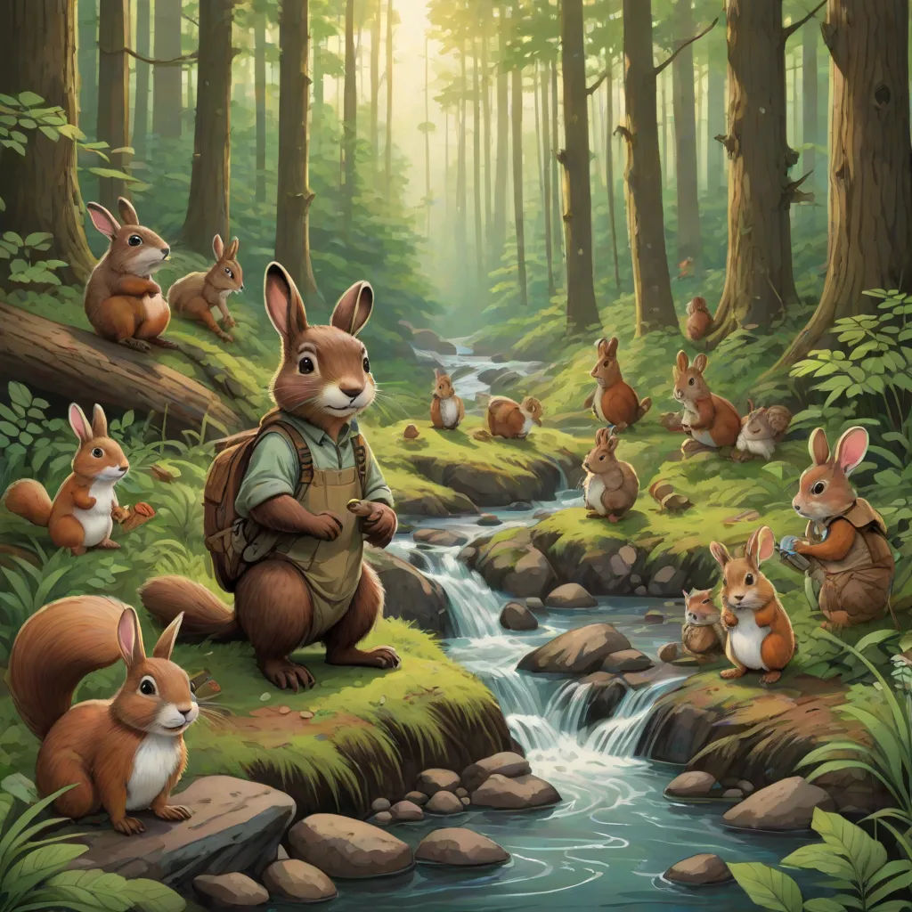 a painting of a forest with many animals in it and a stream running through it, with a man standing in the middle of the forest, fantasy art, a storybook illustration, Dan Mumford, official art