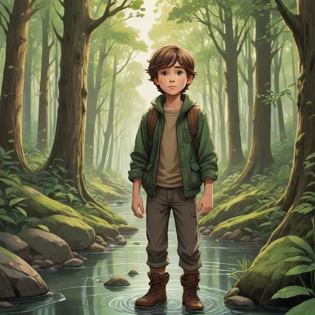 a boy standing in a forest with a stream in front of him and a forest background with rocks and trees, fantasy art, a storybook illustration, Cedric Seaut (Keos Masons), 2 d game art