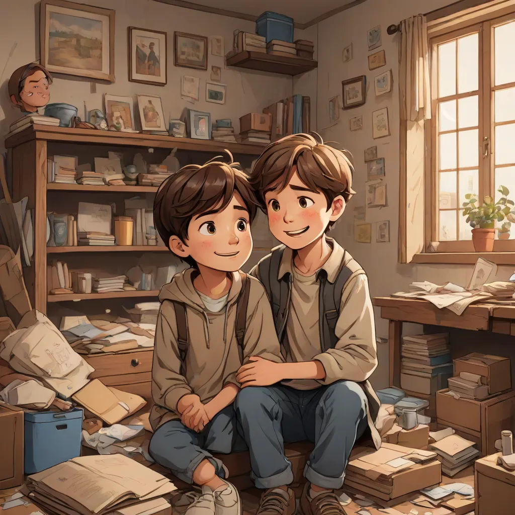 two children sitting on a pile of boxes in a room with a window and a shelf full of books, romanticism, a storybook illustration, Arthur Pan, art station