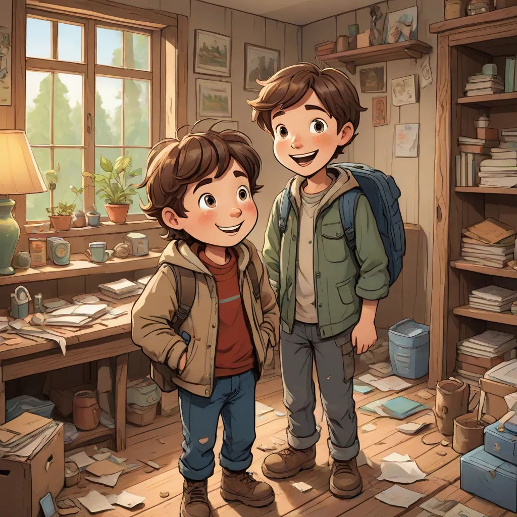 two boys standing in a messy room with a book shelf full of books and a lamp on the table, sots art, a storybook illustration, Diego Gisbert Llorens, official art