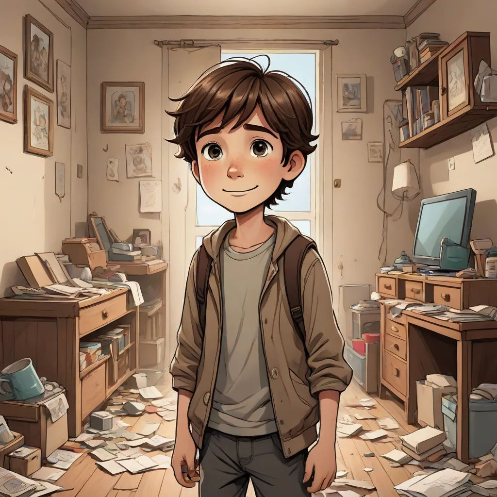 a boy standing in a messy room with a messy desk and computer monitor on the desk and a messy floor, visual art, a character portrait, Diego Gisbert Llorens, official art