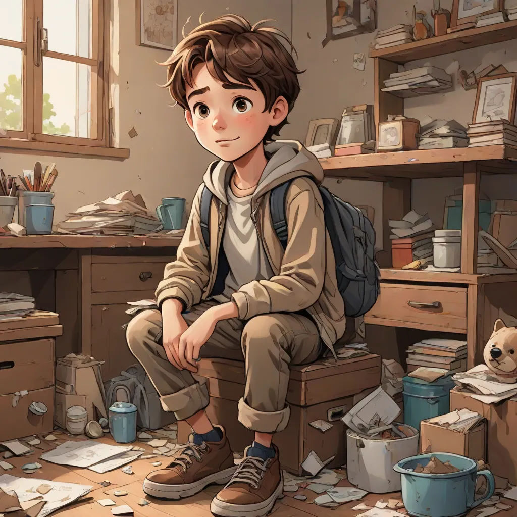 a boy sitting on a box in a messy room with a dog looking at the camera and a pile of papers all over the floor, fantasy art, a character portrait, Aaron Jasinski, rossdraws global illumination