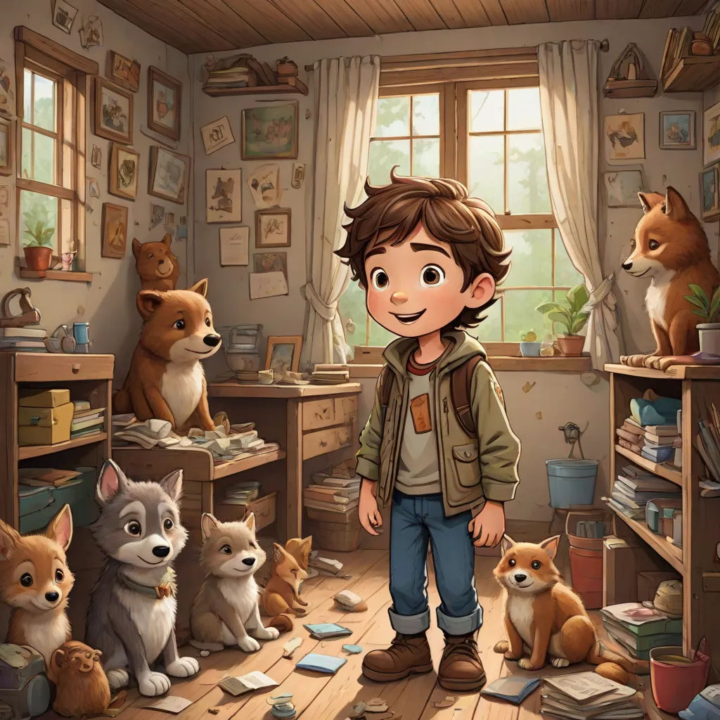 a boy standing in a room with many dogs and a cat on the floor and a dog on the floor, furry art, a storybook illustration, Cliff Childs, 2 d game art