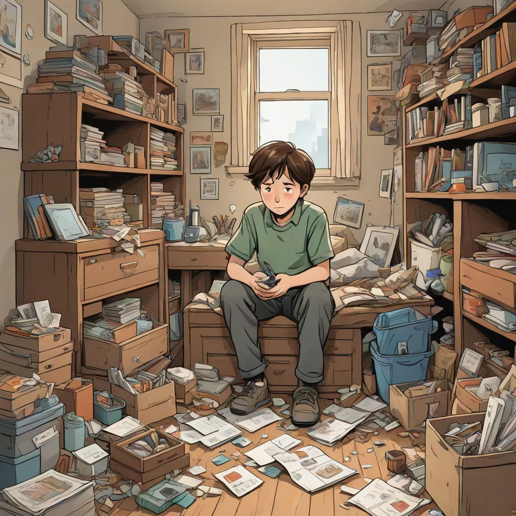 a boy sitting on a chair in a messy room with a lot of books and papers scattered all over the floor, context art, a storybook illustration, Asaf Hanuka, yukito kishiro