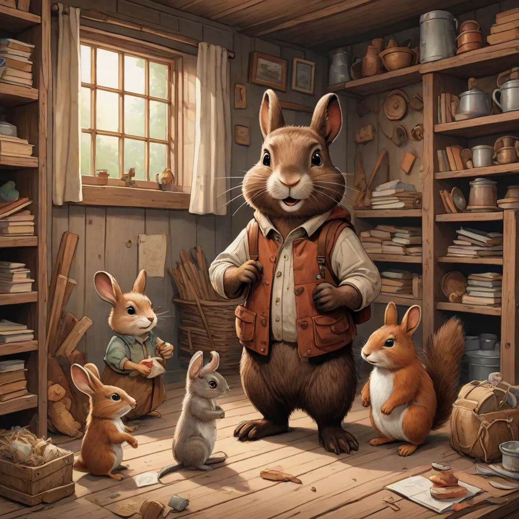 a painting of a rabbit in a room with other animals and a man in a vest standing in front of a shelf, furry art, a storybook illustration, Chris LaBrooy, storybook illustration
