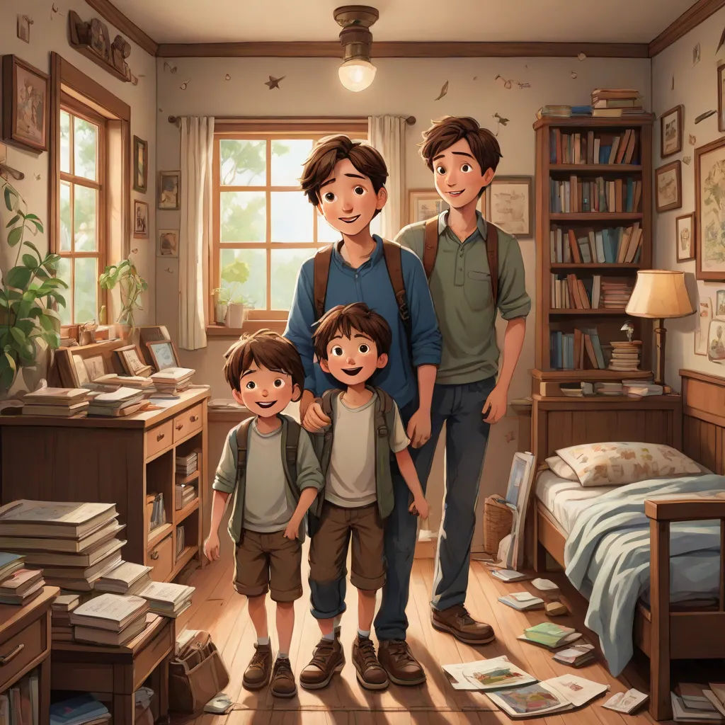a family of three standing in a room with a bed and a desk in the background and a window, sots art, a storybook illustration, Chris LaBrooy, official art