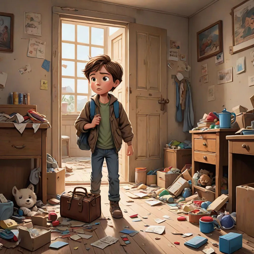 a boy standing in a messy room with a suitcase and a suitcase in front of him and a pile of papers all over the floor, photorealism, a storybook illustration, Alejandro Burdisio, cgstudio