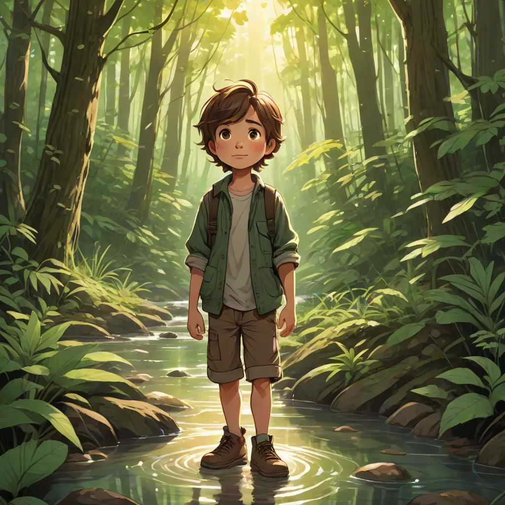 a boy standing in a forest with a stream in front of him and sunlight shining through the trees behind him, environmental art, a storybook illustration, Diego Gisbert Llorens, rossdraws global illumination