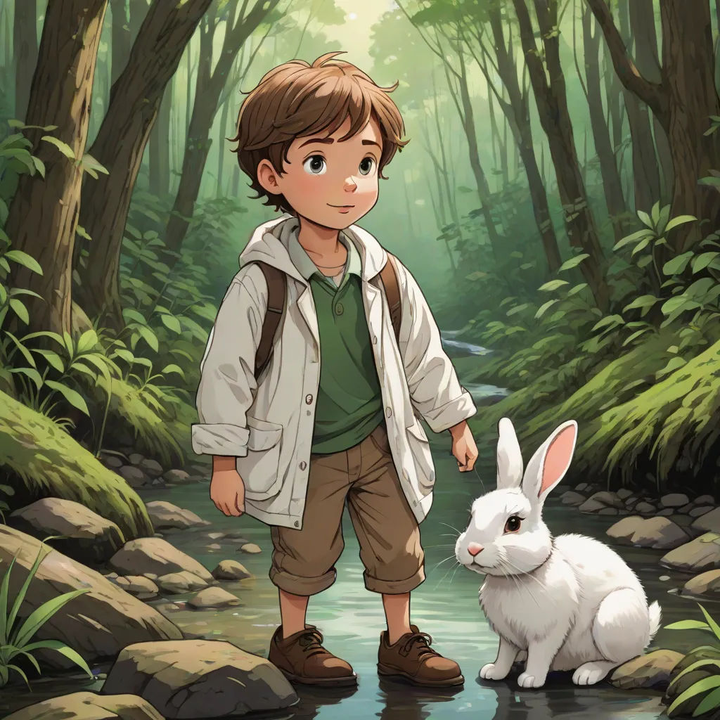 a boy standing next to a white rabbit in a forest with rocks and trees behind him, with a stream running through the forest, magical realism, a storybook illustration, Diego Gisbert Llorens, storybook illustration