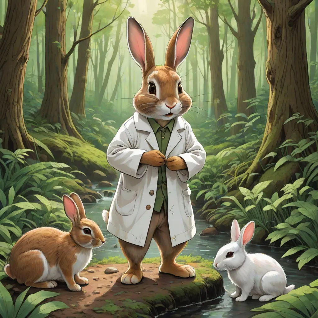 a painting of a rabbit and a rabbit in a forest with a stream and trees in the background, with a man in a white coat and two rabbits in the foreground, furry art, a storybook illustration, Chris LaBrooy, official art