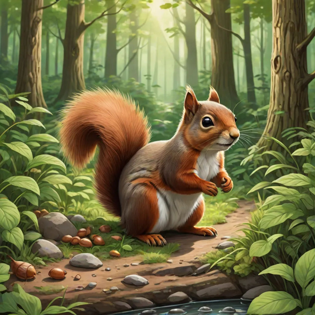 a squirrel is standing on a path in the woods with a stream running through it and a forest scene in the background, fantasy art, a digital painting, Chris LaBrooy, official art