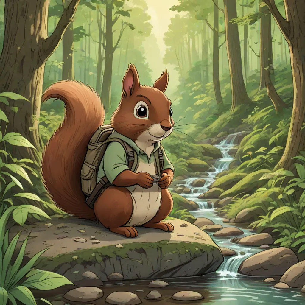 a squirrel with a backpack sitting on a rock in the forest by a stream of water and rocks, with a forest background, sots art, a character portrait, Chris LaBrooy, official art
